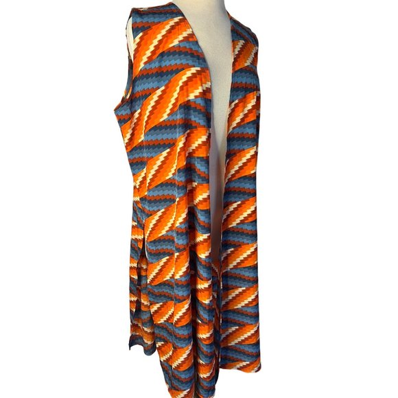 NW T Lula Roe Large Open Front Cardigan Size Large Red Orange Blue Aztec Long Sl - Picture 7 of 13